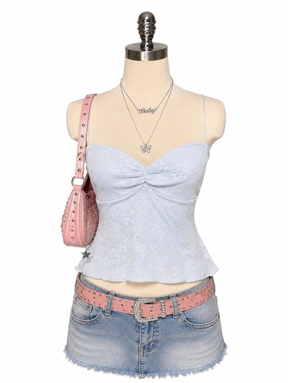 Wild Fable Baby Blue Lace Cami Top | L | Bow Front Y2K Coquette